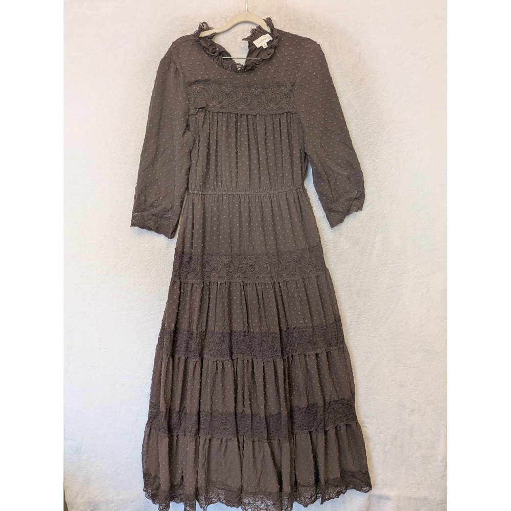Böhme Maxi Dress Women's Medium Brown Swiss Dot Lace Trim Tiered Ruffle